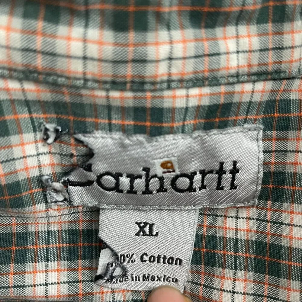 Carhartt Button Down Shirt Men XL Green Orange  Plaid Short Sleeve Workwear‎